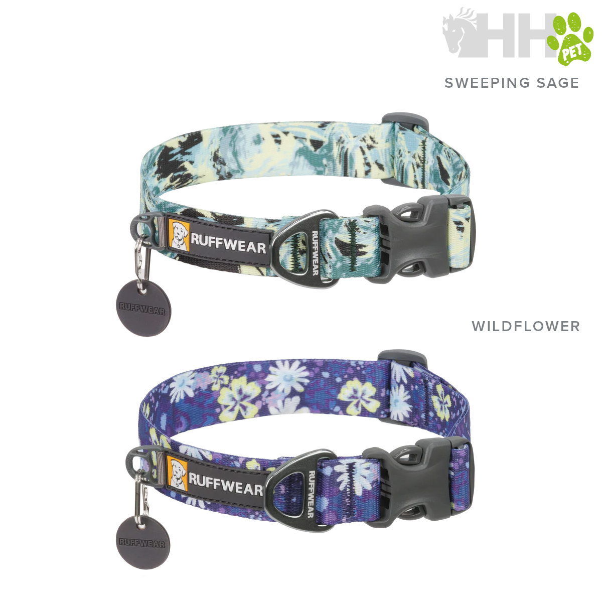 Colares para cães florais RUFFWEAR WILDFLOWER azul e lilás com fivela preta e pendente