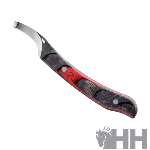 Faca para cascos com cabo em madeira preta e vermelha e lâmina curva