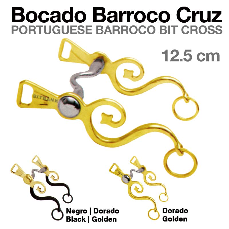 Ferro de boca barroco cruz dourado e preto 12,5 cm com detalhes metálicos