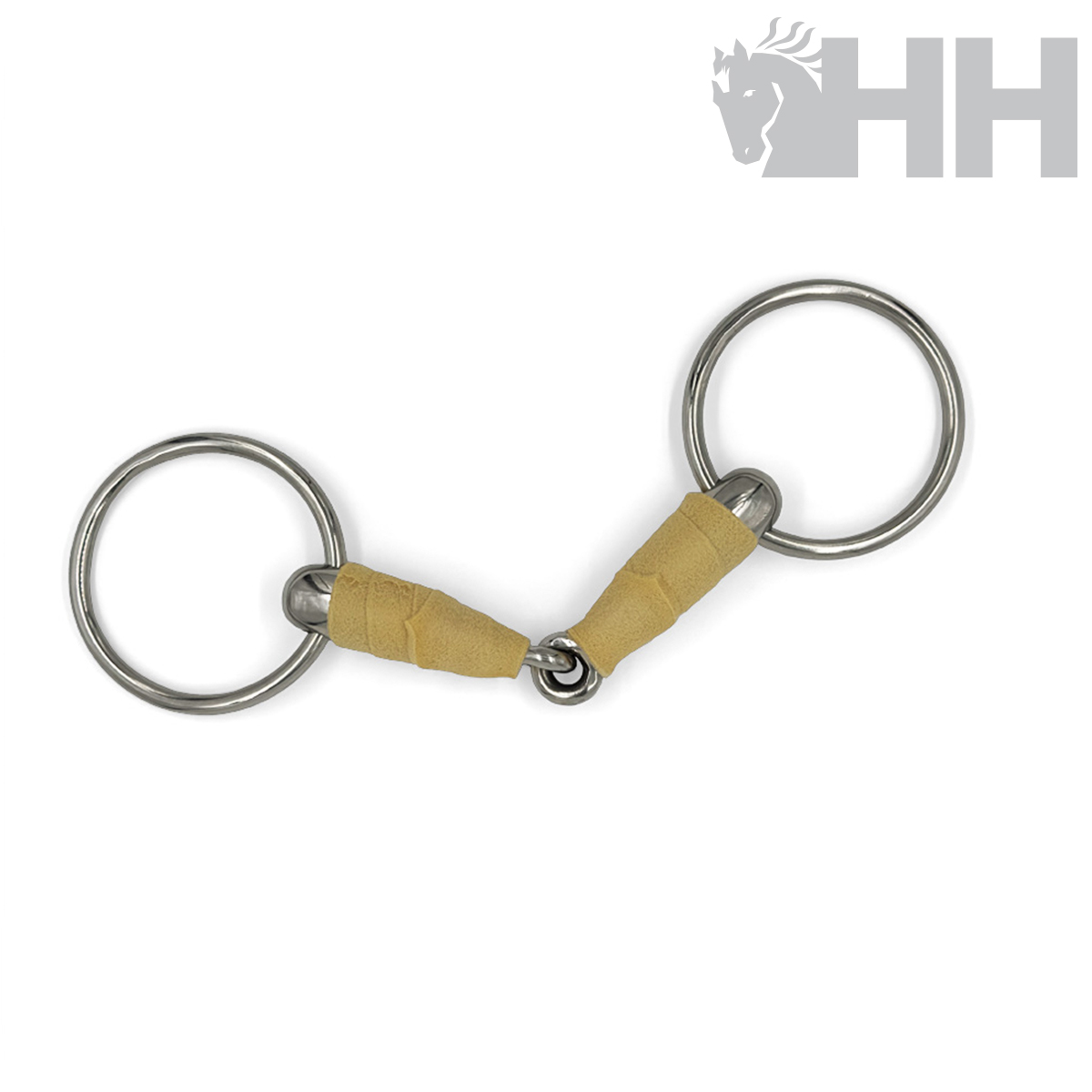 Freio de metal com duas argolas e couro bege