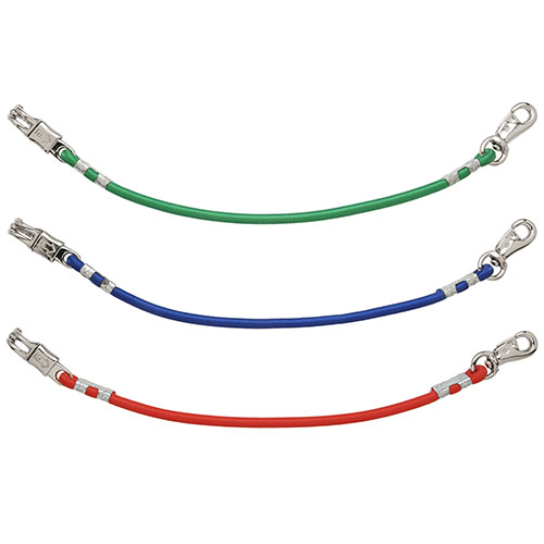 Três cabos de segurança coloridos com ganchos metálicos nas extremidades
