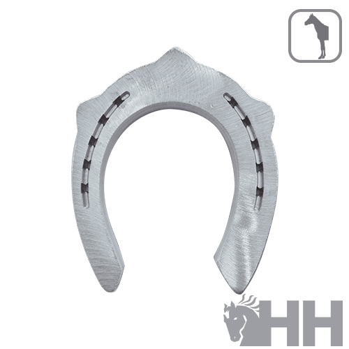 Ferradura metálica prateada com detalhes pretos e logo de cavalo cinzento