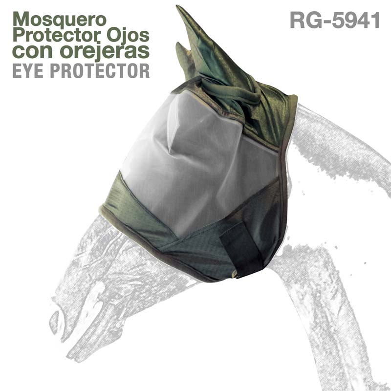 Protector ocular para cavalo com protetores de orelhas em tecido verde e área transparente para os olhos, código RG-5941.