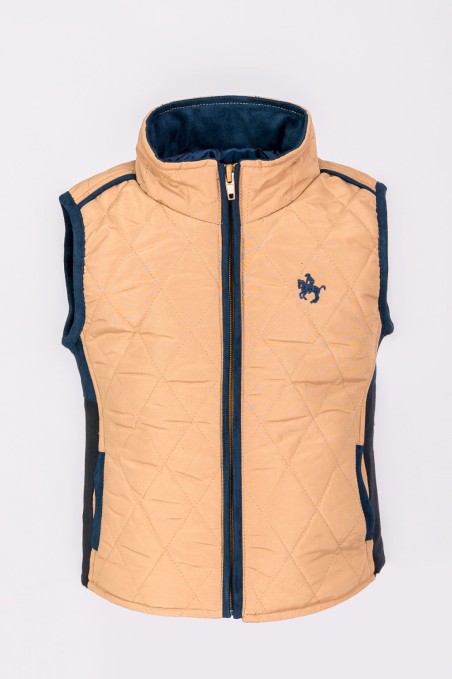Colete acolchoado bege com detalhes azuis e logótipo de cavalo no peito