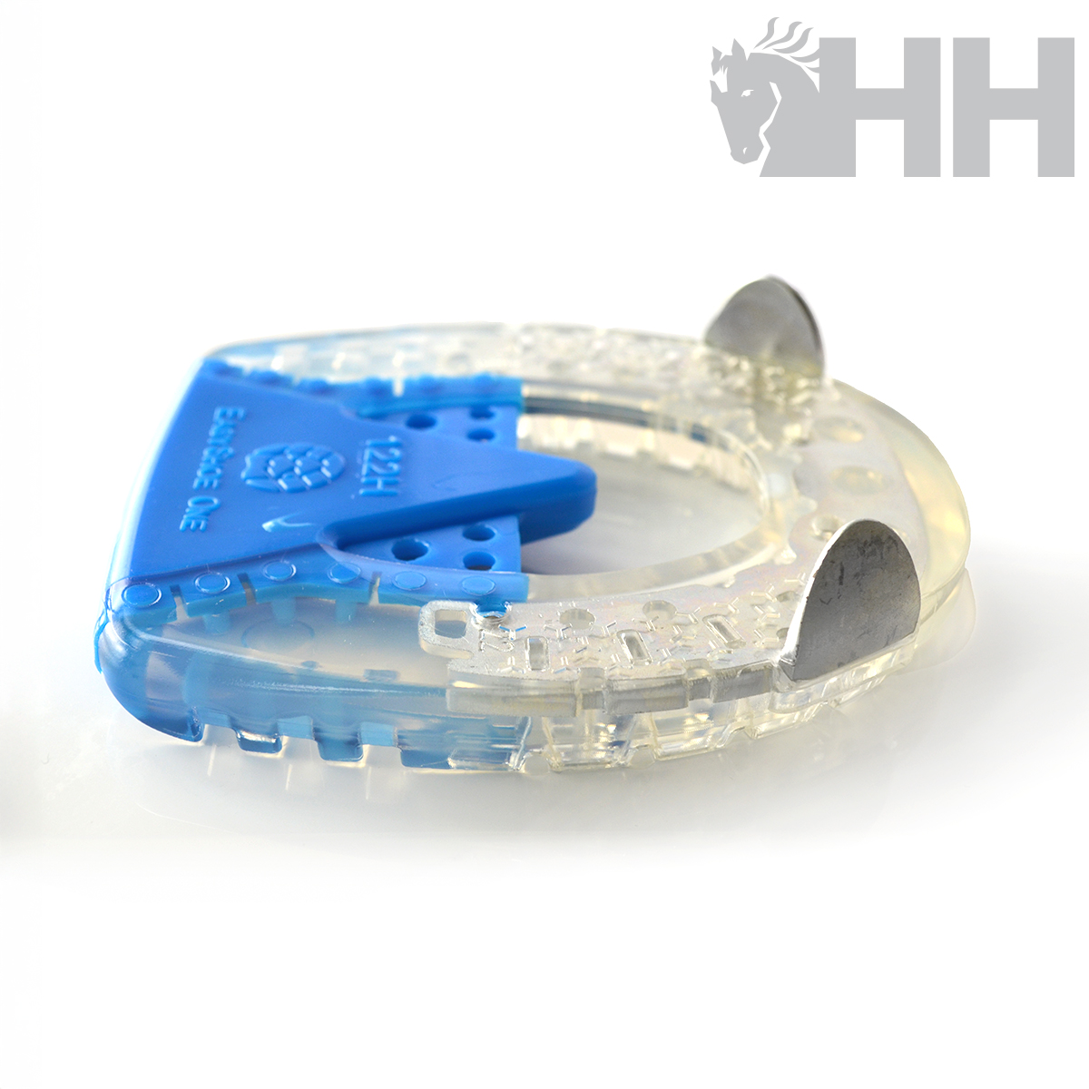 Dispositivo veterinário transparente e azul formade ferradura com pontas metálicas