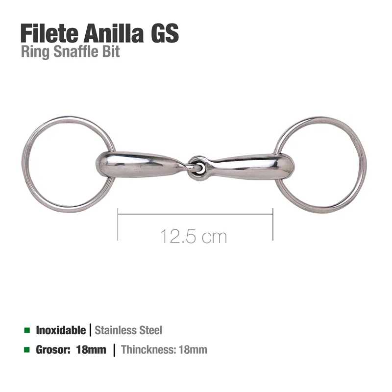 Bocado para cavalo Filete Anilla GS em aço inoxidável, 12,5 cm, 18 mm