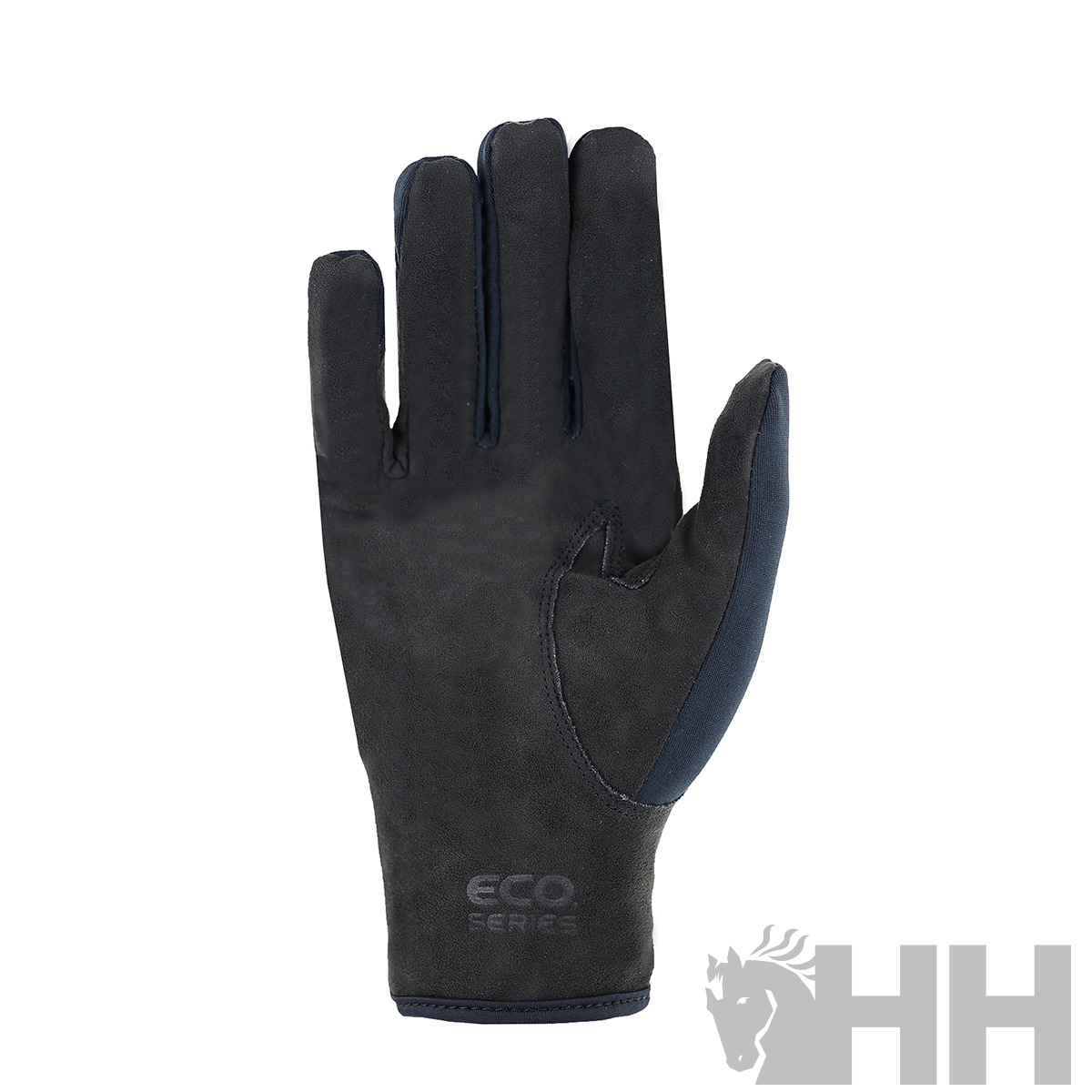 Luvas pretas com detalhes azuis e texto 'eco series'