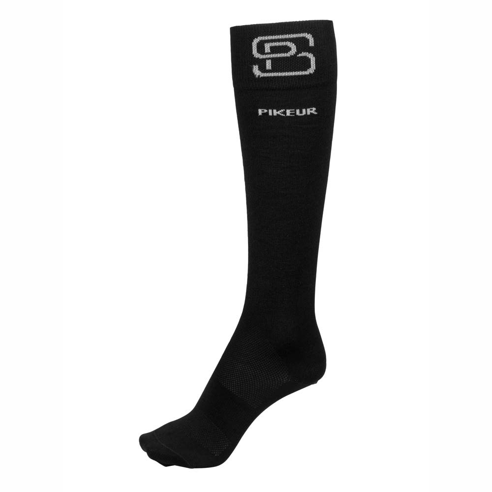 Meia desportiva preta com logotipo SG e texto PIKEUR