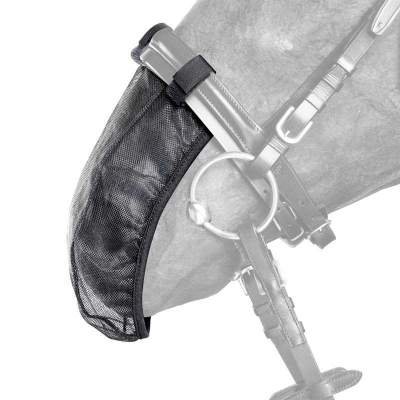 Rede preta para focinheira de cavalo com tiras e clipes de fixação