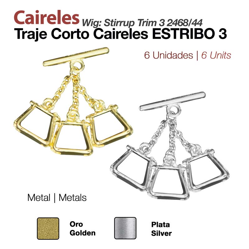 Conjuntos de cainhas metálicas douradas e prateadas para traje com três peças penduradas