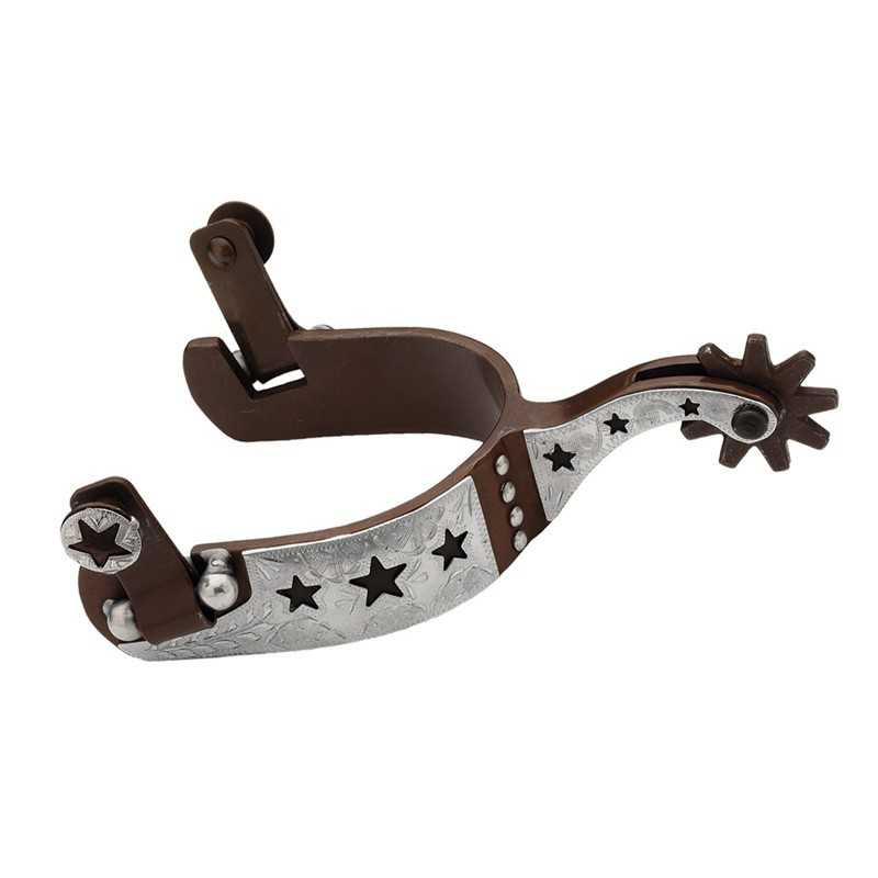 Espera de esporas metálica castanha com decoração prateada com estrelas