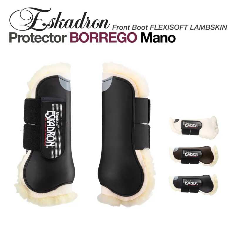 Protector BORREGO Mano da Eskadron, botas dianteiras pretas com forro branco e fechos de velcro pretos.
