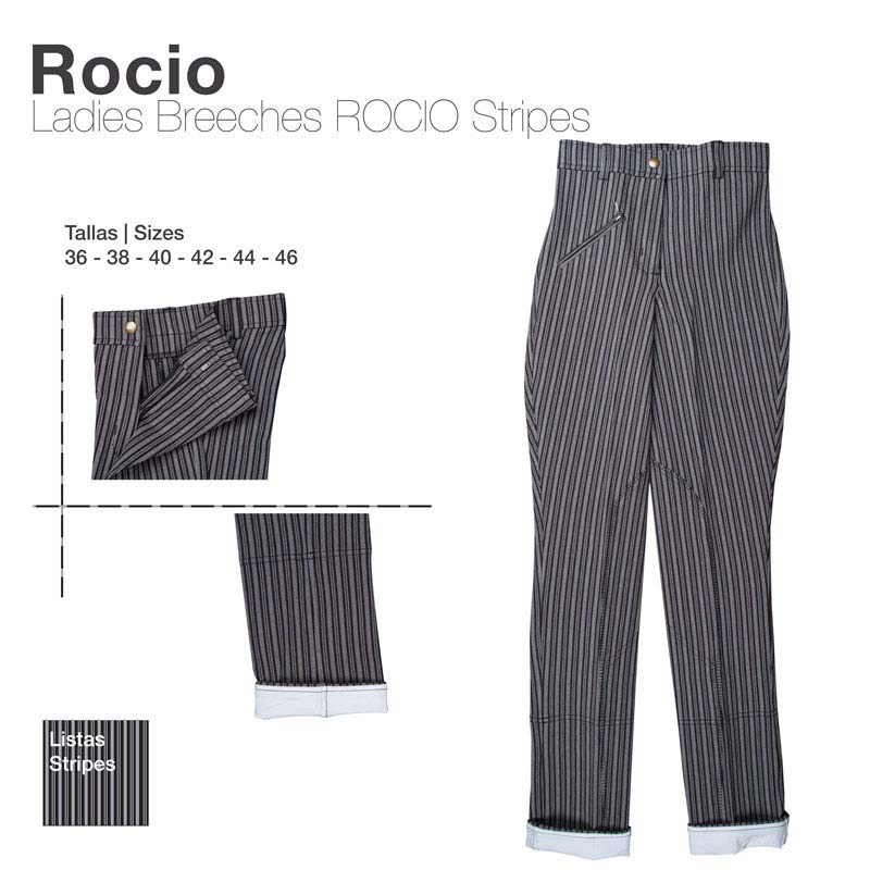 Calças femininas Rocio com riscas verticais cinzentas e pretas, bainha virada e botão dourado.
