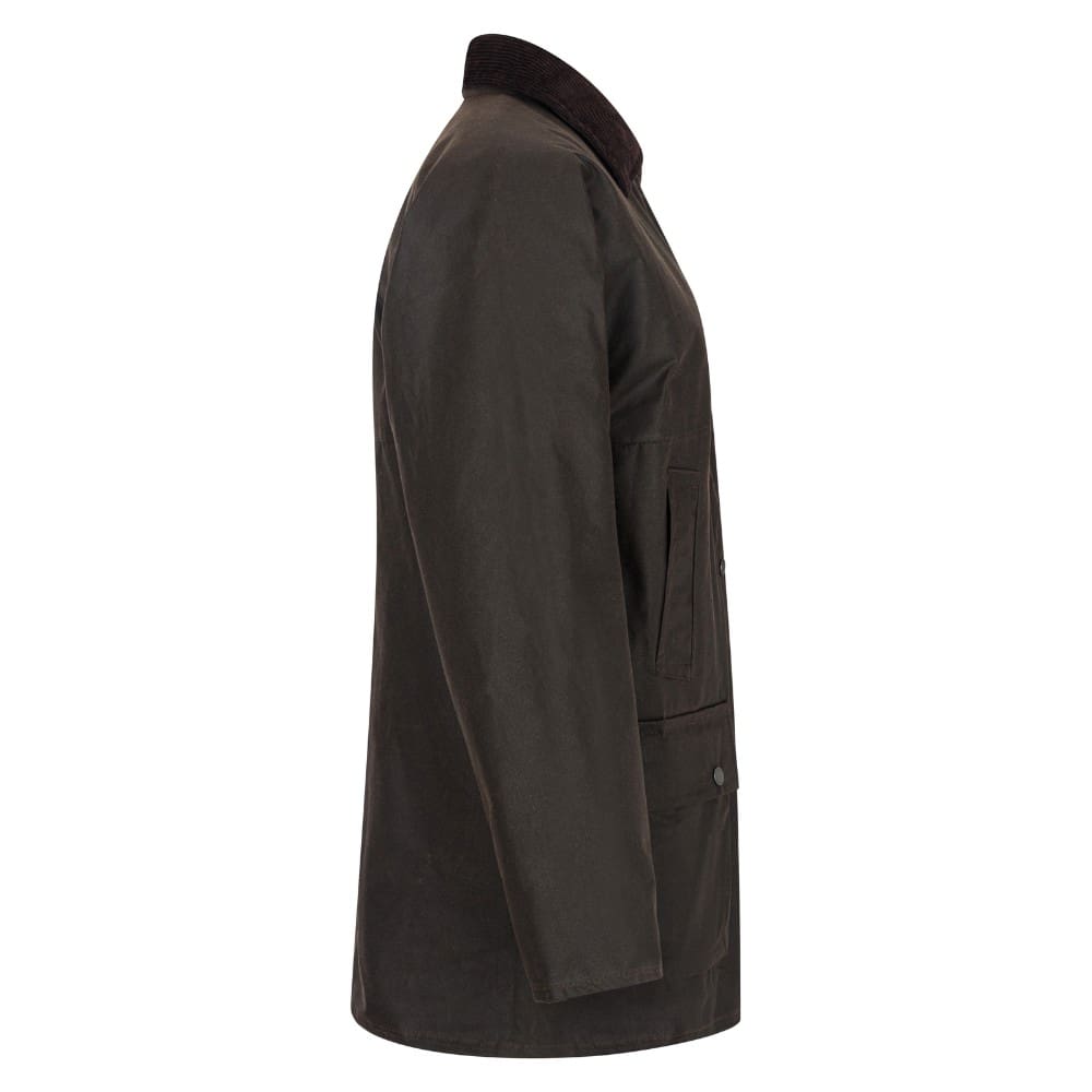 Casaco masculino castanho escuro com gola em tecido castanho claro e bolsos frontais
