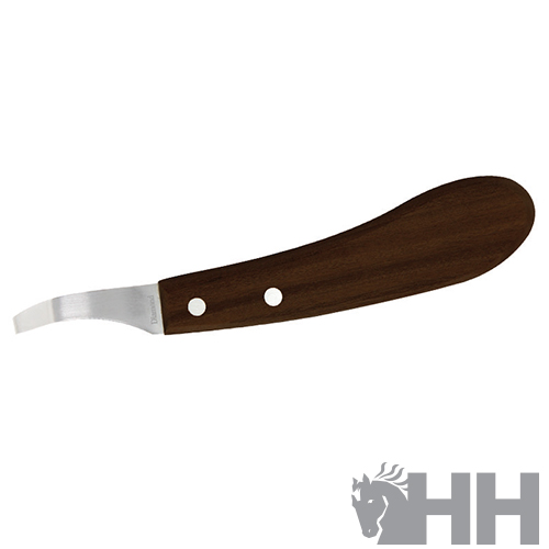 Faca com lâmina metálica curvada e cabo de madeira com rebites