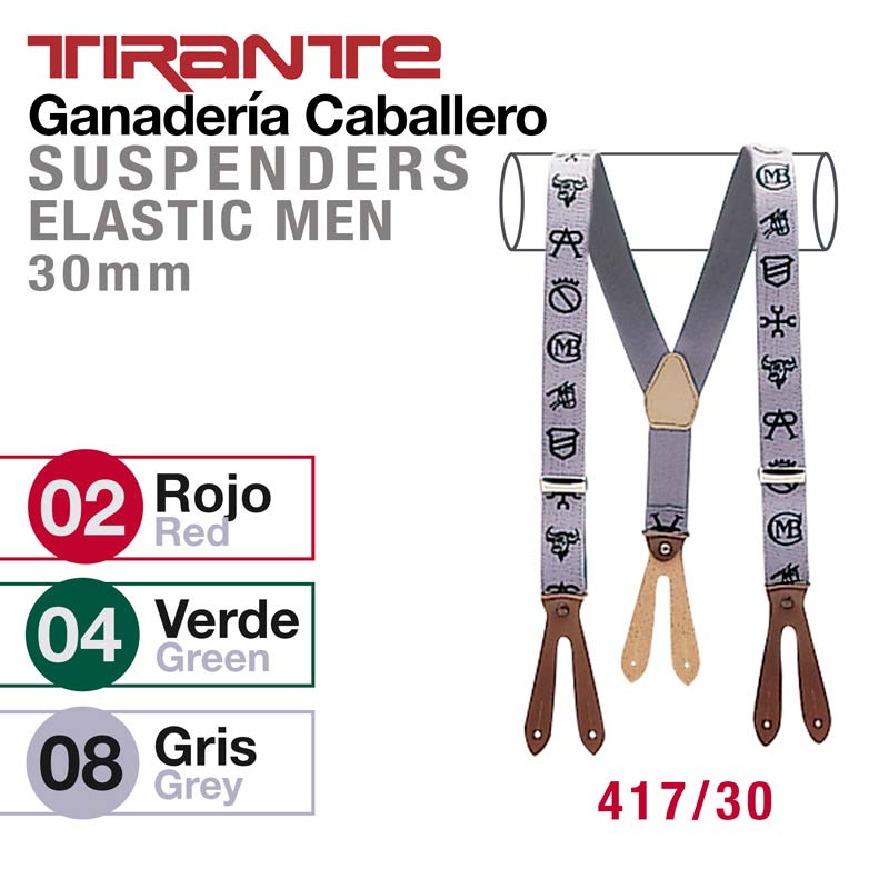 Suspensórios elásticos para homem cinza com padrões pretos e suporte em couro castanho.