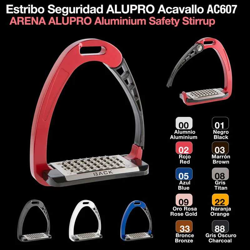 Estribo de segurança ALUPRO Acavallo AC607 vermelho e preto com base metálica texturizada e inscrição 'BACK'.