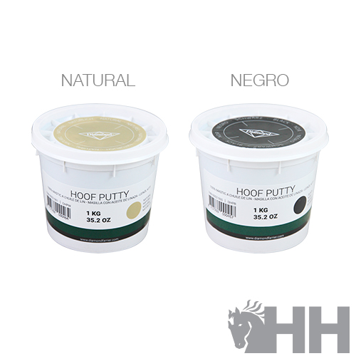 Dois recipientes de HOOF PUTTY nas cores natural e negro com tampas correspondentes, sobre fundo branco e logo HH cinza.