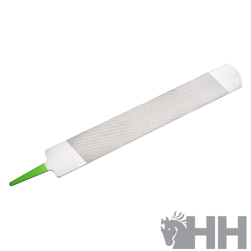 Lima metálica para cavalo com alça branca e ponta verde sobre fundo branco