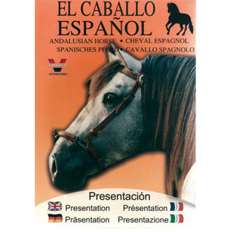 Imagem de capa de livro com cavalo espanhol e texto em várias línguas