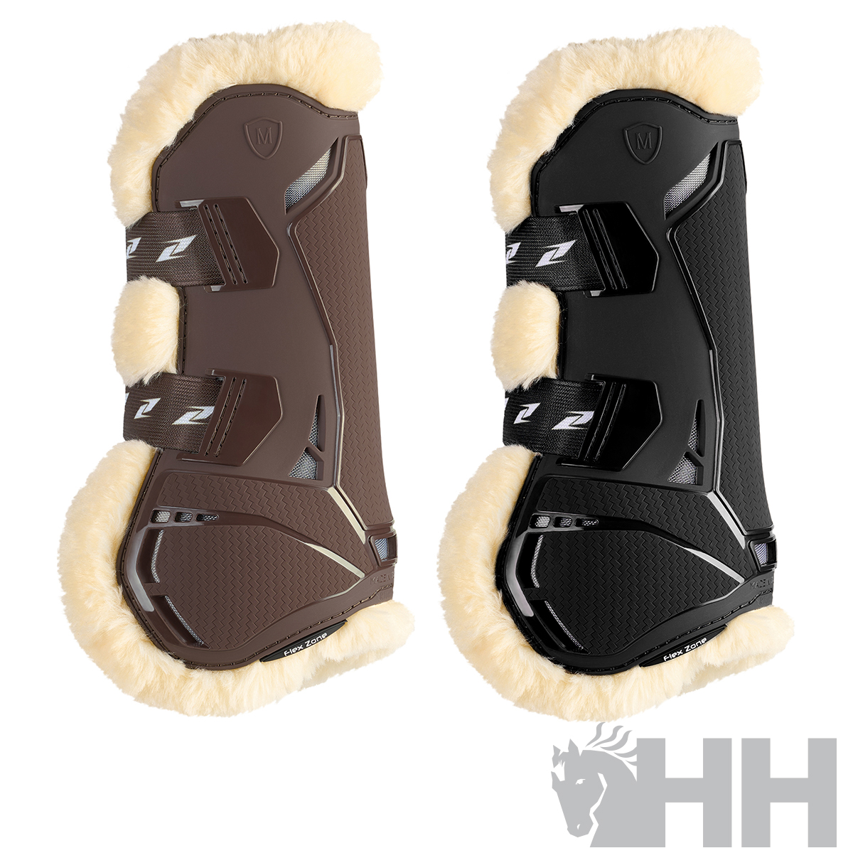 Proteções para equitação castanha e preta com bordas peludas beige