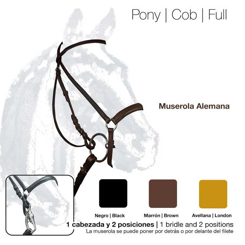 Muserola alemã para cavalo em couro preto, castanho e amarelo mostarda com texto explicativo