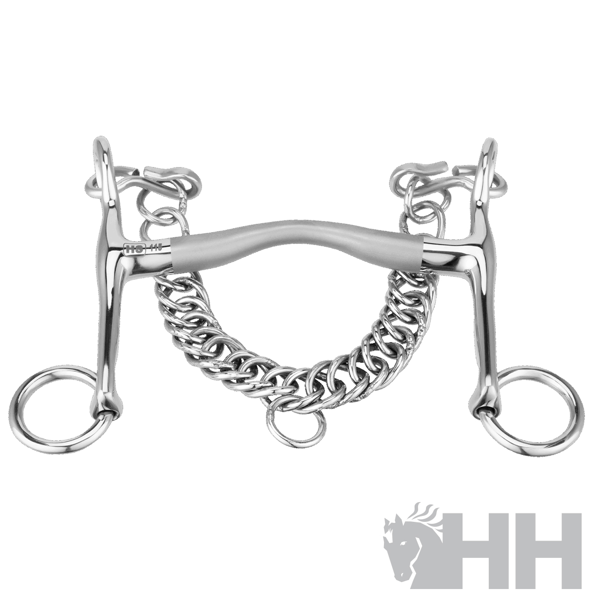 Freio de cavalo metálico prateado com boca curva e corrente