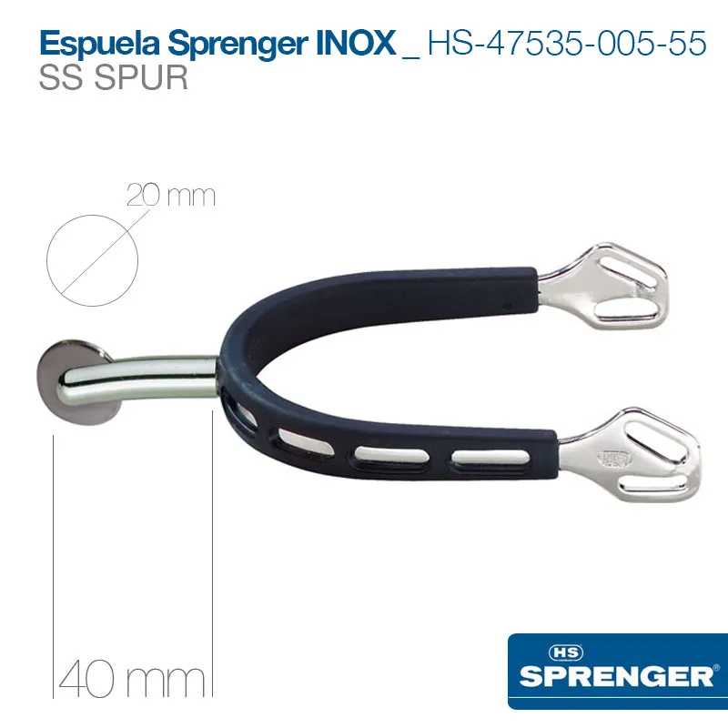 Espuela Sprenger inox com revestimento preto e medidas visíveis.