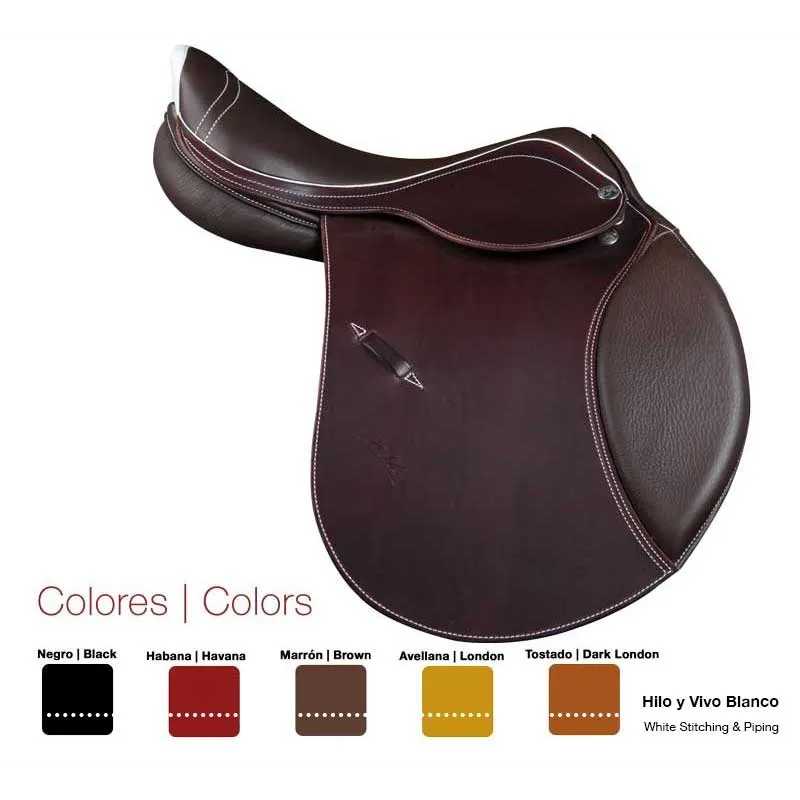 Sela de equitação de couro castanho escuro com costura branca e opções de cores