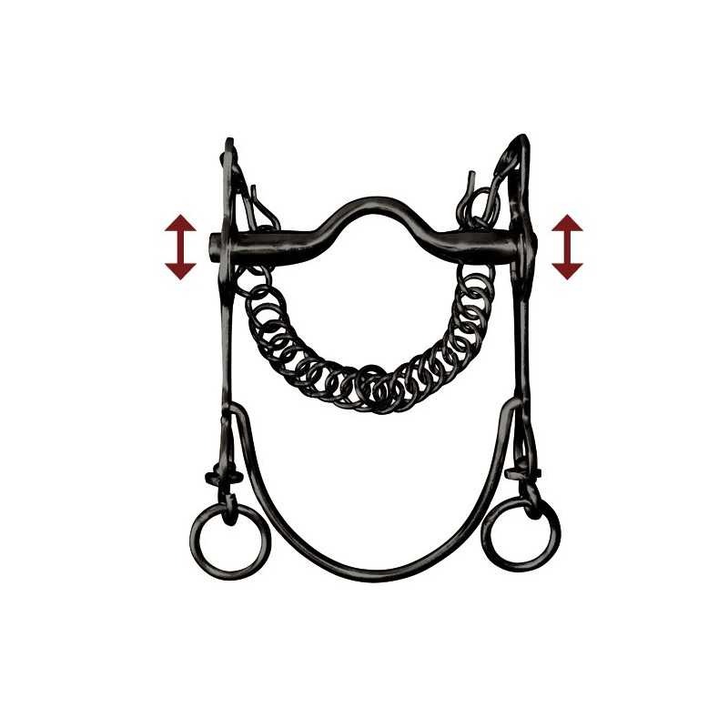Freio de cavalo metálico preto com corrente e setas vermelhas