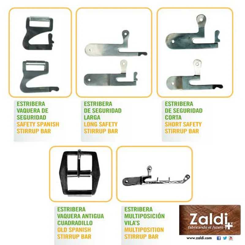 Vários tipos de estribeiras metálicas para equitação com descrições e logotipo Zaldi