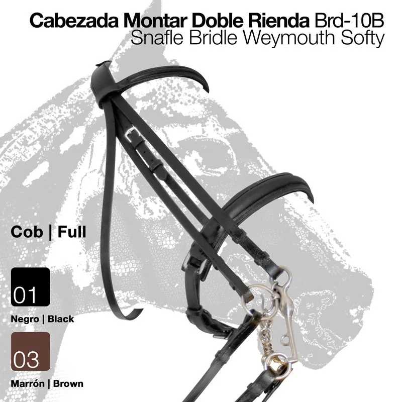 Cabeçada de montar dupla rédea Snaffle Bridle Weymouth Softy em preto e castanho com fivelas prateadas