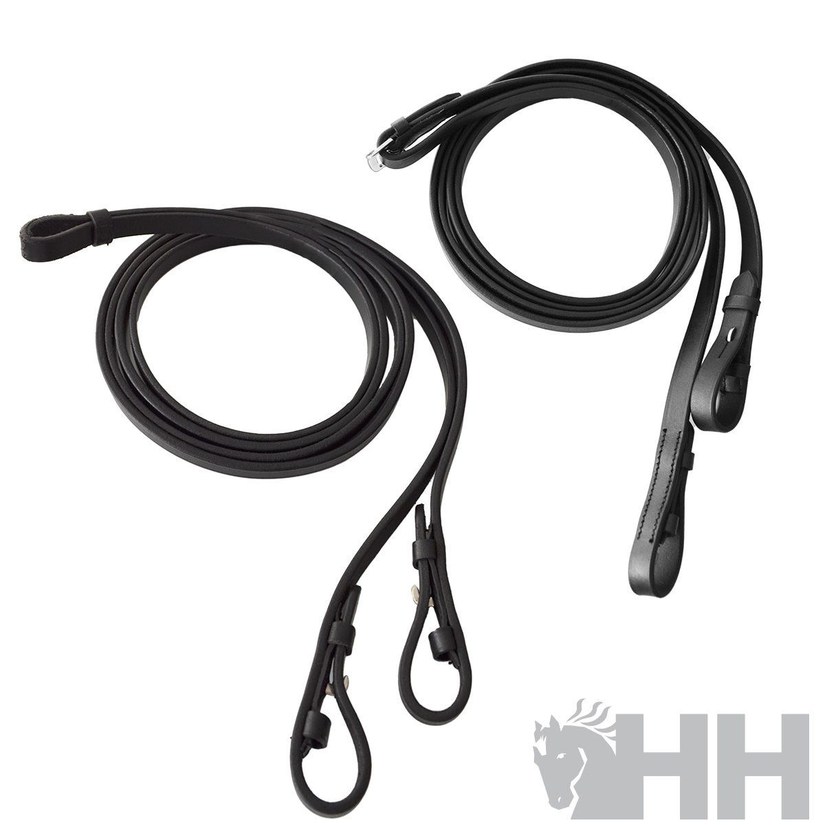 Conjuntos de rédeas pretas de couro sobre fundo branco com logo HH