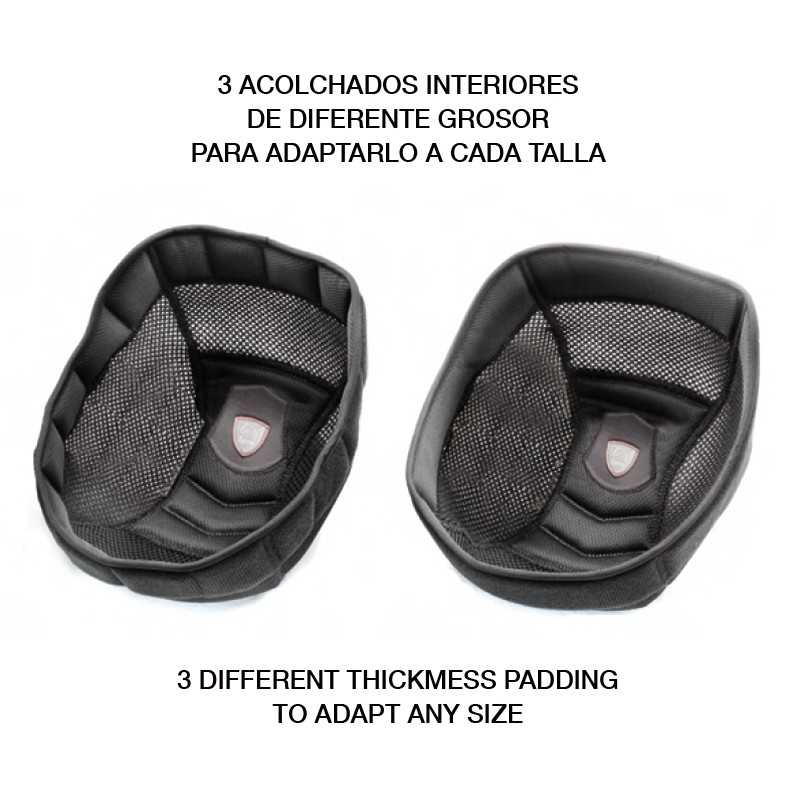 Dois acolchoados interiores pretos de diferentes tamanhos com texto em português e inglês acima