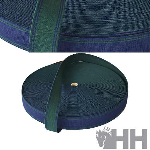 Fita elástica azul escuro e verde enrolada com logotipo HH no canto
