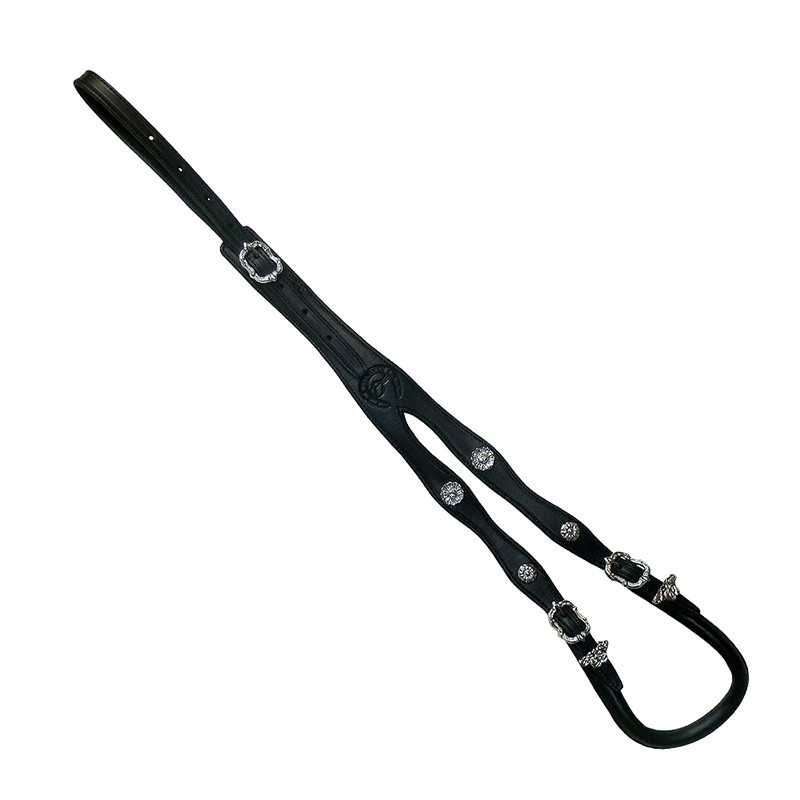 Rédea de cavalo preta em couro com fivelas metálicas