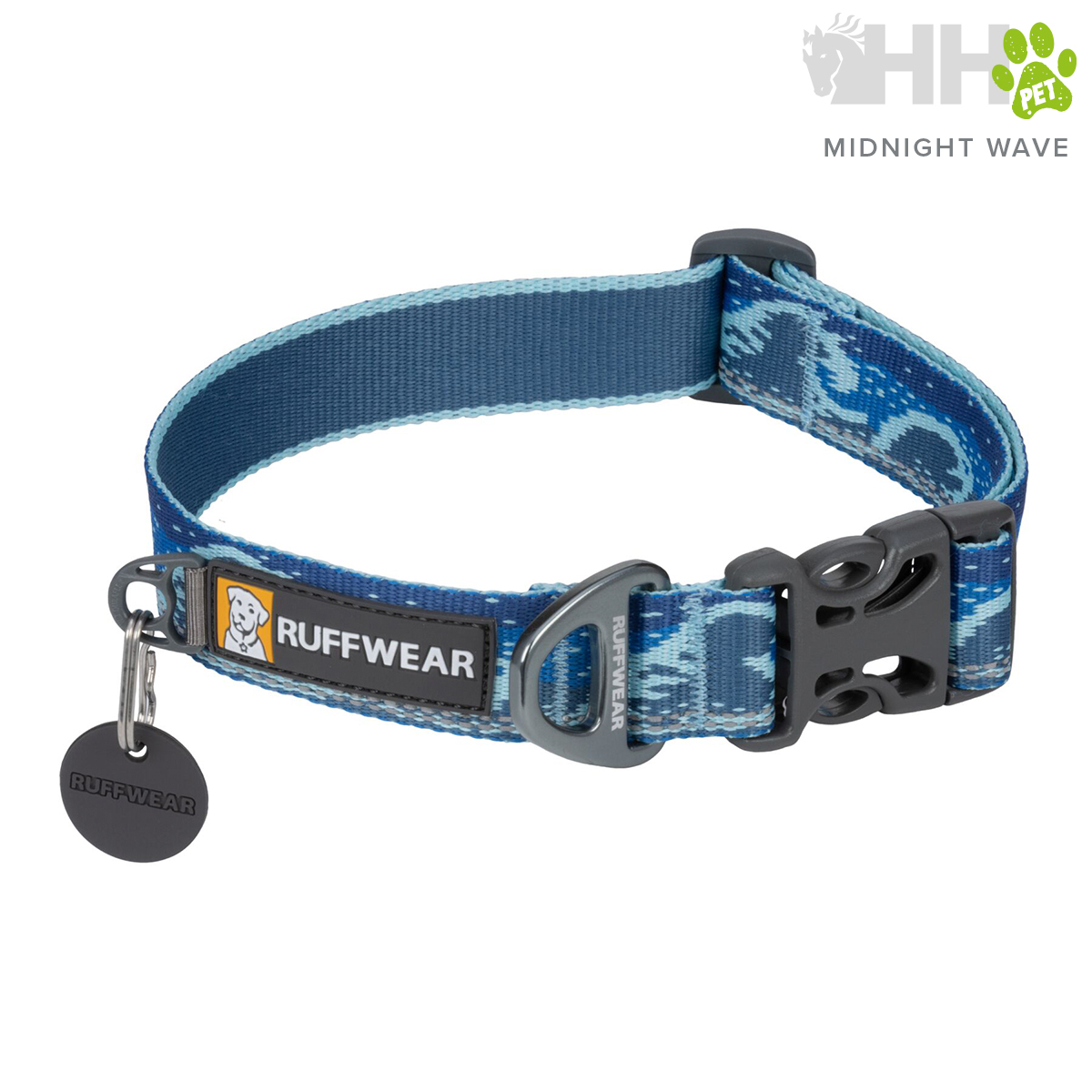 Coleira para cães azul com padrão ondulado e fecho preto da marca RUFFWEAR