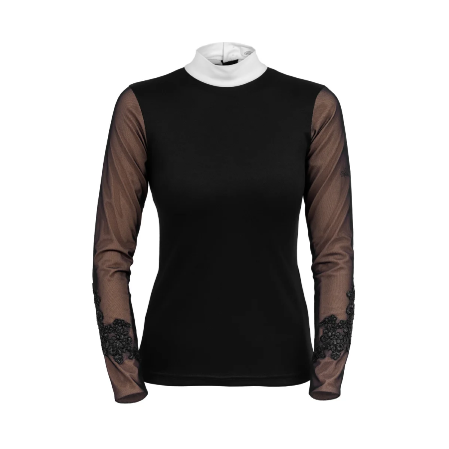 Camisola preta com gola alta branca e mangas em tule transparente com bordados