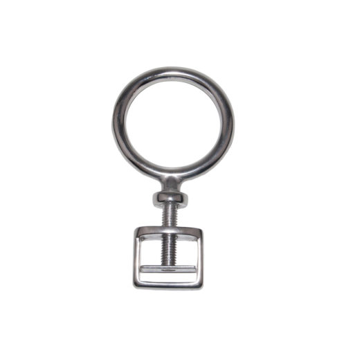 Objeto metálico prateado com anel circular e parafuso