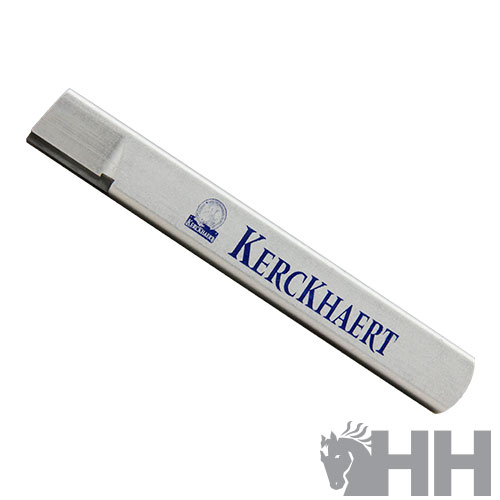 Afiador de lâminas branco com texto e logótipo azul