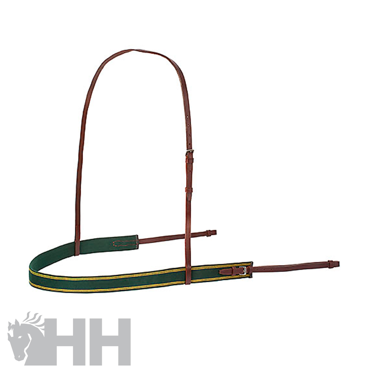 Fita para cabeça e bridão em couro castanho com faixa verde e detalhes amarelos