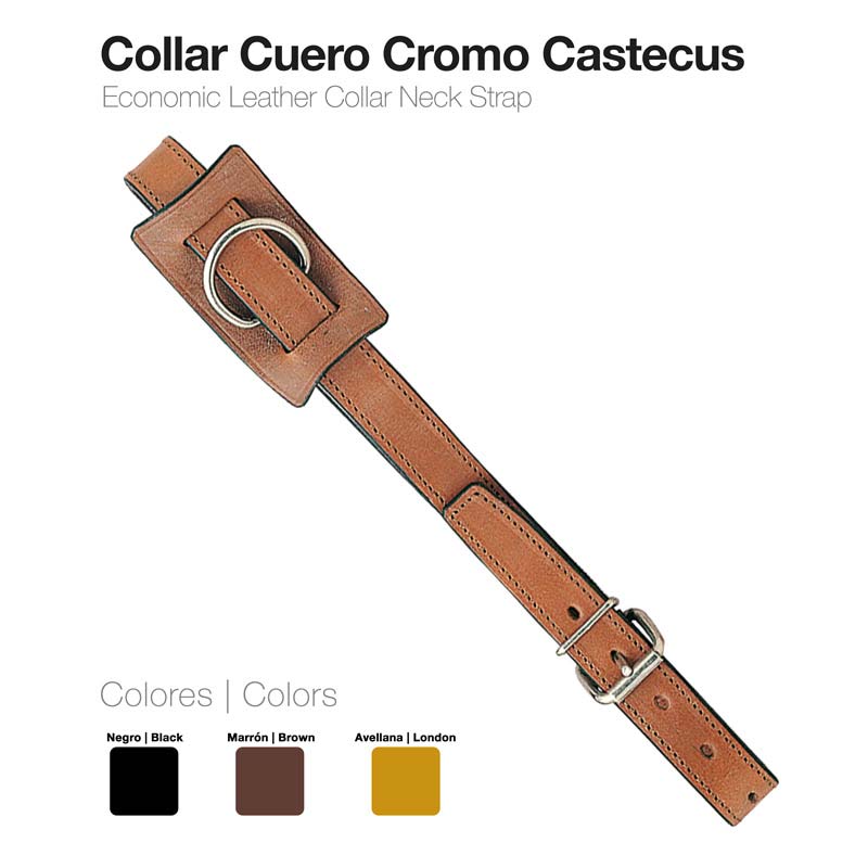Correia de colar económica em couro castanho com fivela e argola cromada