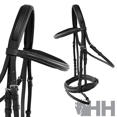Freio de cabeça de cavalo preto em couro com fivelas metálicas
