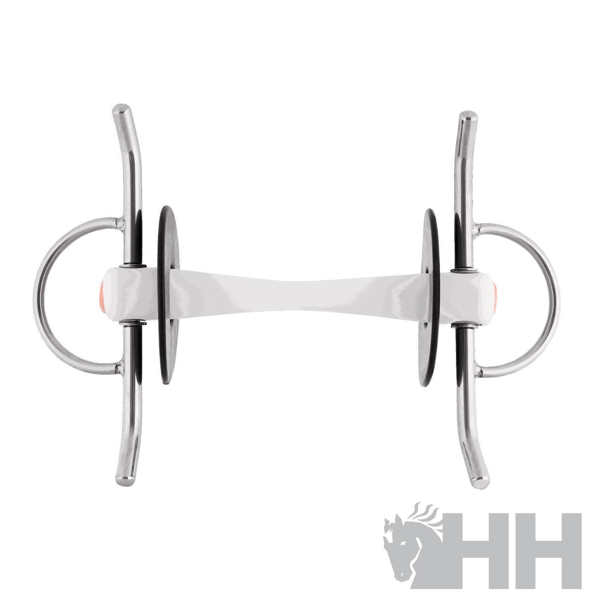 Freio de cavalo em metal com boca branca e componentes pretos