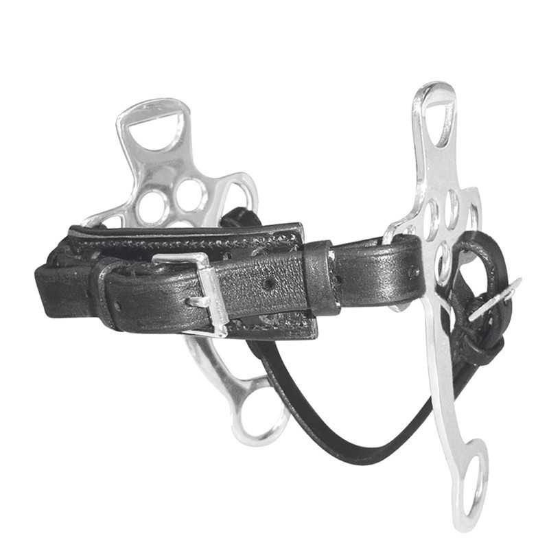Freio para cavalo em metal prateado com correia de couro preto