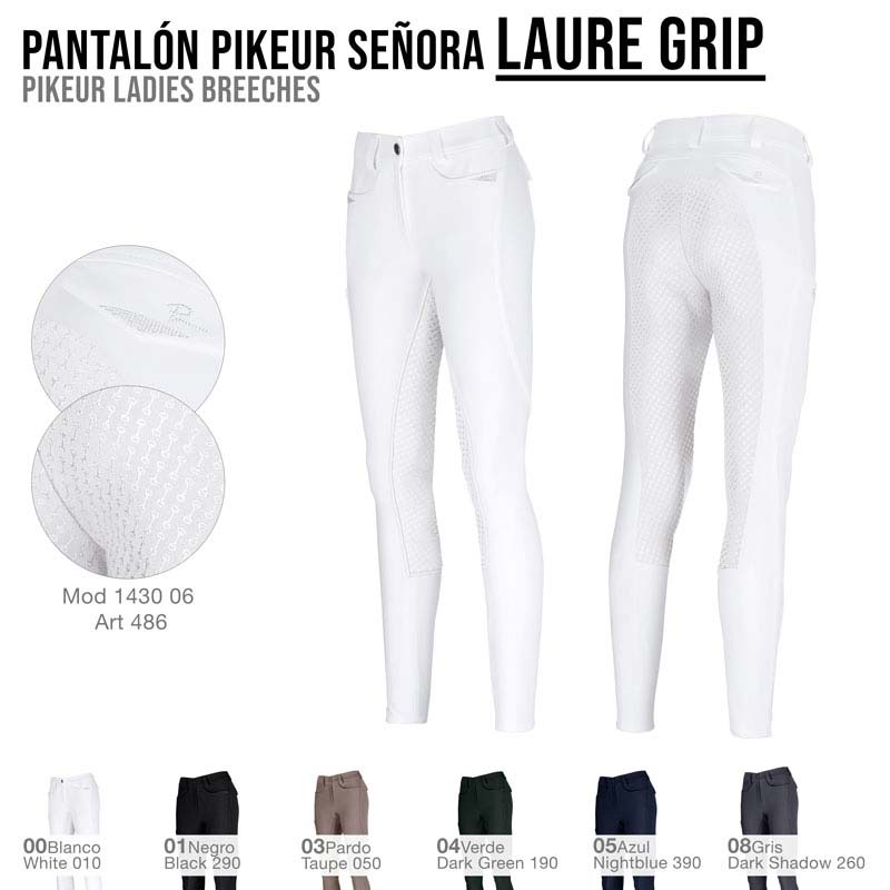 Calças de equitação femininas brancas Laure Grip Pikeur vistas de frente e costas com detalhes de tecido e texto de cores e códigos