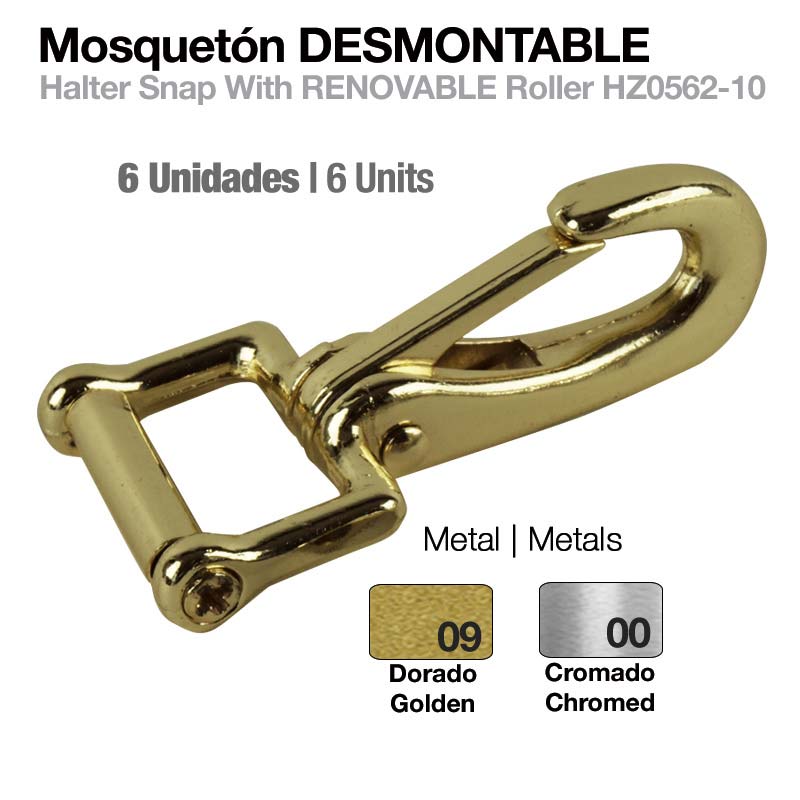 Mosquetão desmontável de metal dourado com acabamento brilhante