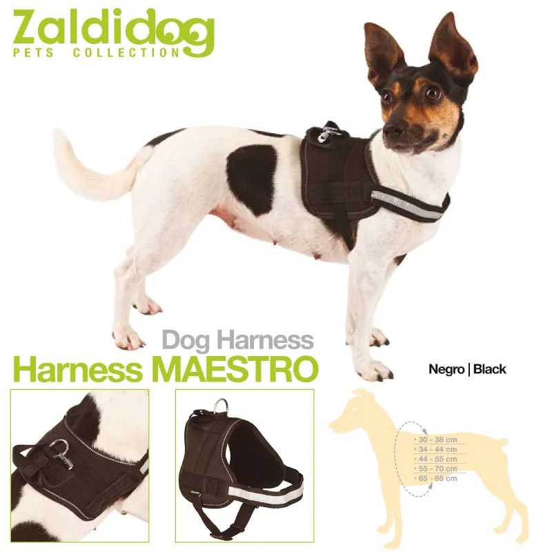 Peitoral preto para cão com refletores, modelo Harness MAESTRO da Zaldi dog, mostrado em cão branco com manchas pretas.