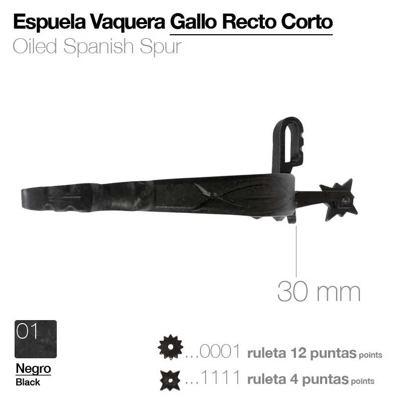 Espuela vaqueira de metal oleado negro com roda de 12 pontas e indicação de 30 mm