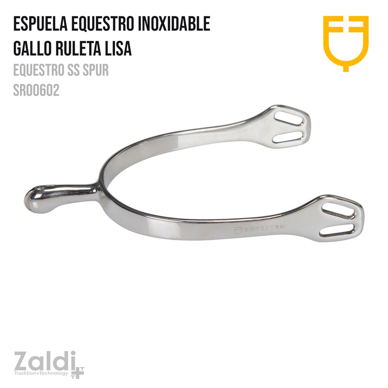 Espuela equestre inoxidável prateada com acabamento liso sobre fundo branco